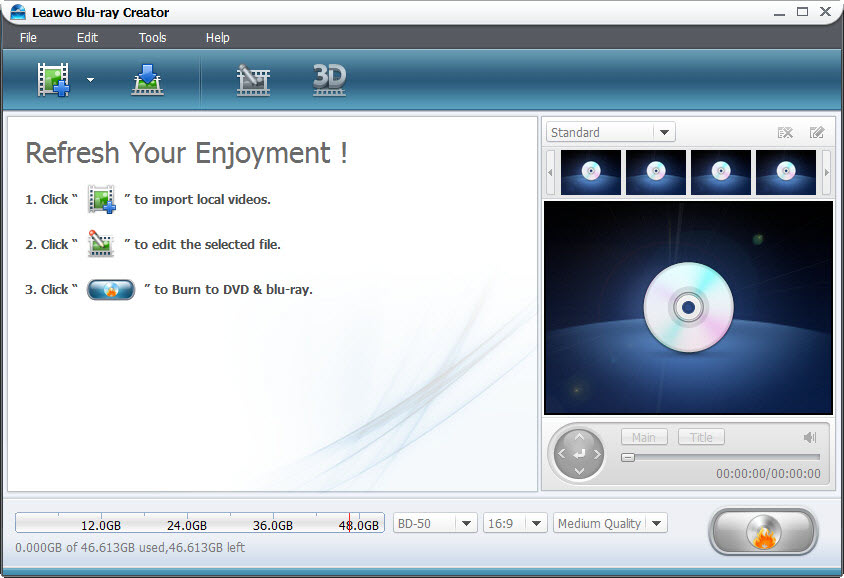 Interface of blu ray creator